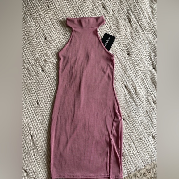 Pretty Little Thing Basic Mauve Ribbed High Neck Split Detail Bodycon Dress US 2 - Picture 2 of 3